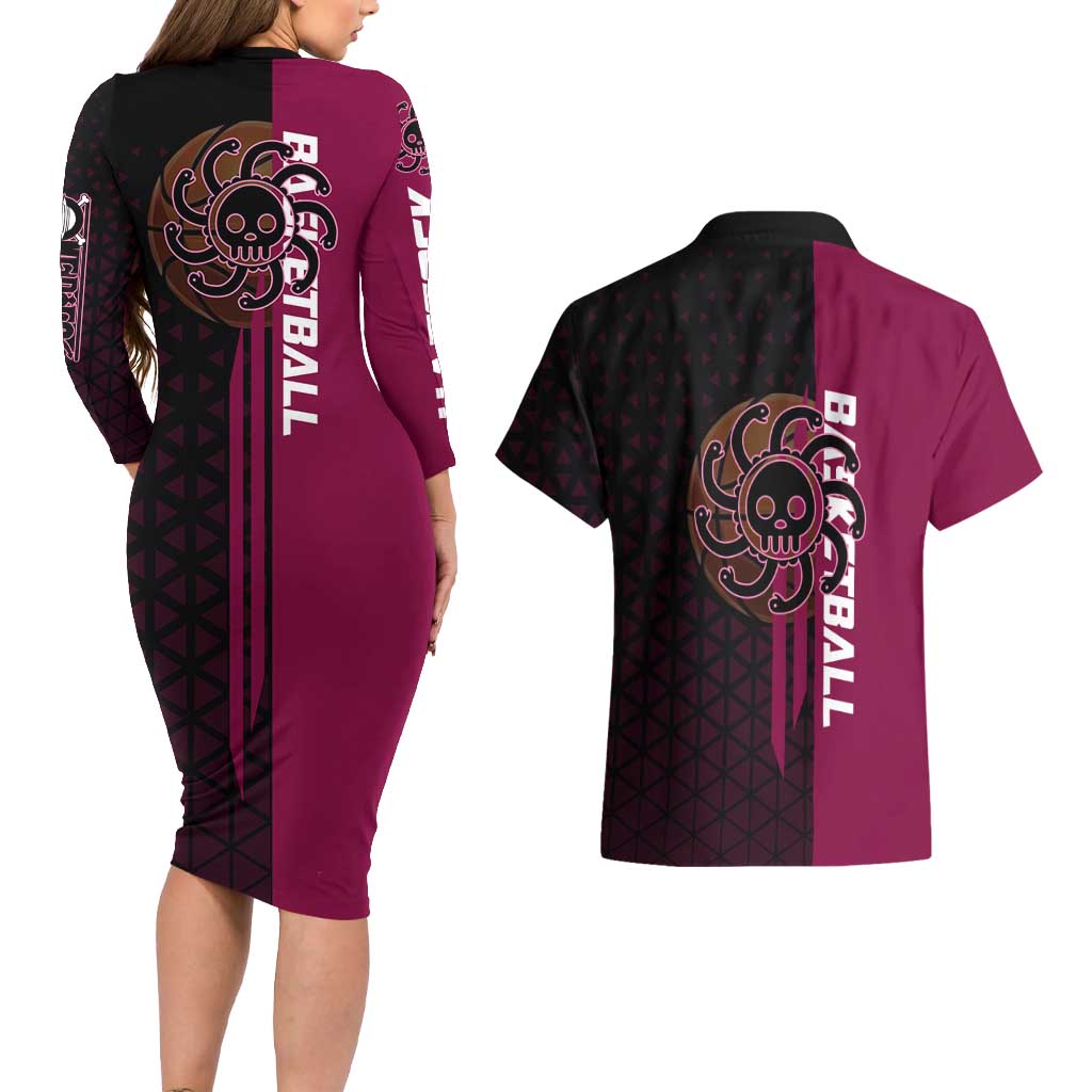 Boa Hancock One Piece Basketball Theme Maroon and Black Design Couples Matching Long Sleeve Bodycon Dress and Hawaiian Shirt with Serpent Emblem and Dynamic Pose - The Mazicc