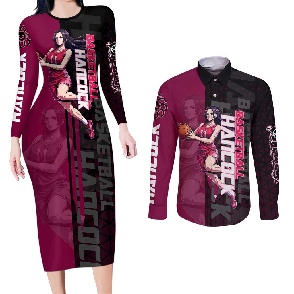 Boa Hancock One Piece Basketball Theme Maroon and Black Design Couples Matching Long Sleeve Bodycon Dress and Long Sleeve Button Shirt with Serpent Emblem and Dynamic Pose - The Mazicc