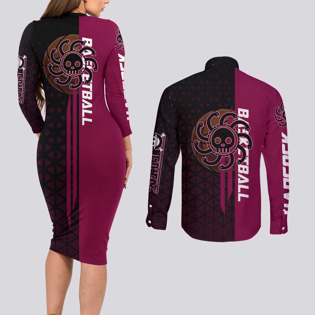 Boa Hancock One Piece Basketball Theme Maroon and Black Design Couples Matching Long Sleeve Bodycon Dress and Long Sleeve Button Shirt with Serpent Emblem and Dynamic Pose - The Mazicc
