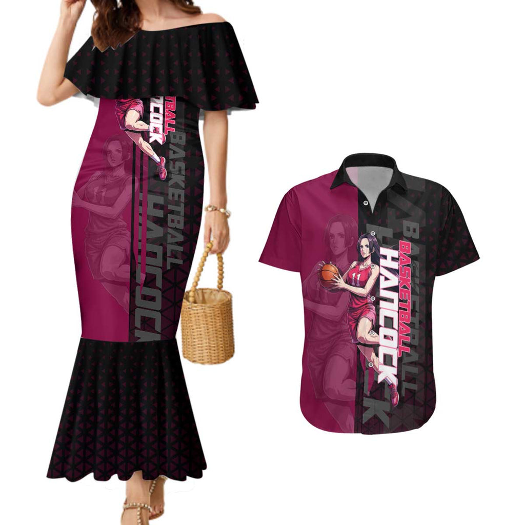 Boa Hancock One Piece Basketball Theme Maroon and Black Design Couples Matching Mermaid Dress and Hawaiian Shirt with Serpent Emblem and Dynamic Pose - The Mazicc