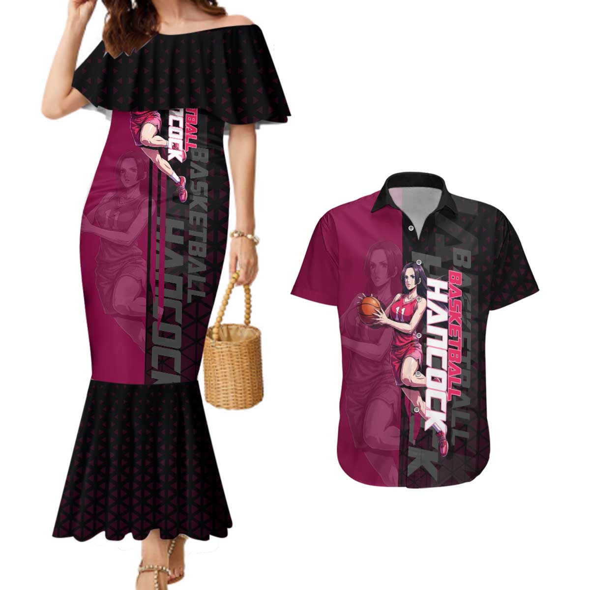 Boa Hancock One Piece Basketball Theme Maroon and Black Design Couples Matching Mermaid Dress and Hawaiian Shirt with Serpent Emblem and Dynamic Pose - The Mazicc