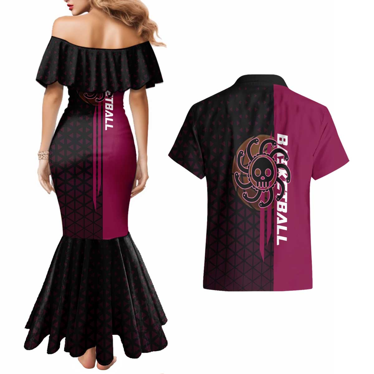 Boa Hancock One Piece Basketball Theme Maroon and Black Design Couples Matching Mermaid Dress and Hawaiian Shirt with Serpent Emblem and Dynamic Pose - The Mazicc