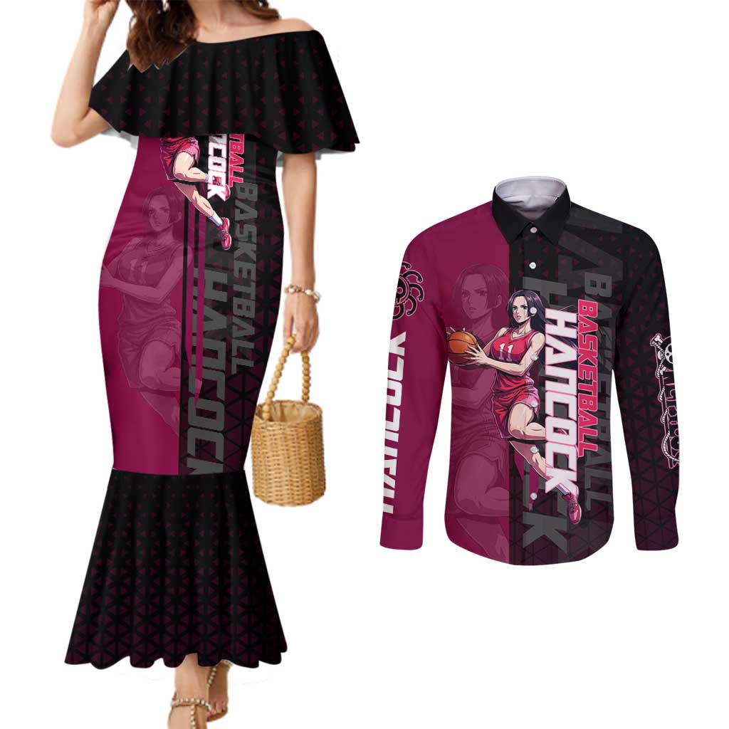 Boa Hancock One Piece Basketball Theme Maroon and Black Design Couples Matching Mermaid Dress and Long Sleeve Button Shirt with Serpent Emblem and Dynamic Pose - The Mazicc