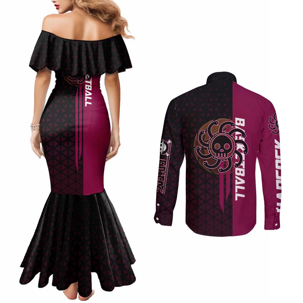 Boa Hancock One Piece Basketball Theme Maroon and Black Design Couples Matching Mermaid Dress and Long Sleeve Button Shirt with Serpent Emblem and Dynamic Pose - The Mazicc