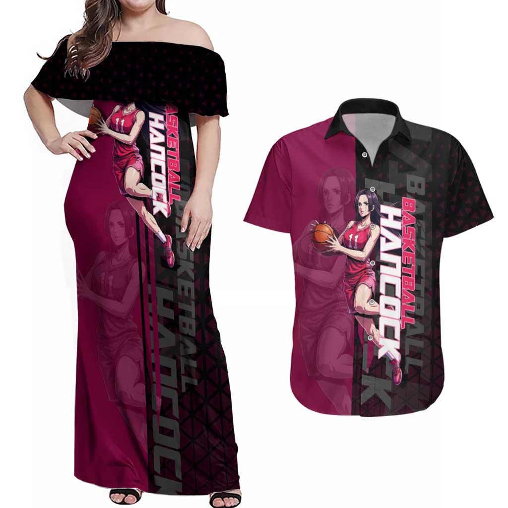 Boa Hancock One Piece Basketball Theme Maroon and Black Design Couples Matching Off Shoulder Maxi Dress and Hawaiian Shirt with Serpent Emblem and Dynamic Pose - The Mazicc