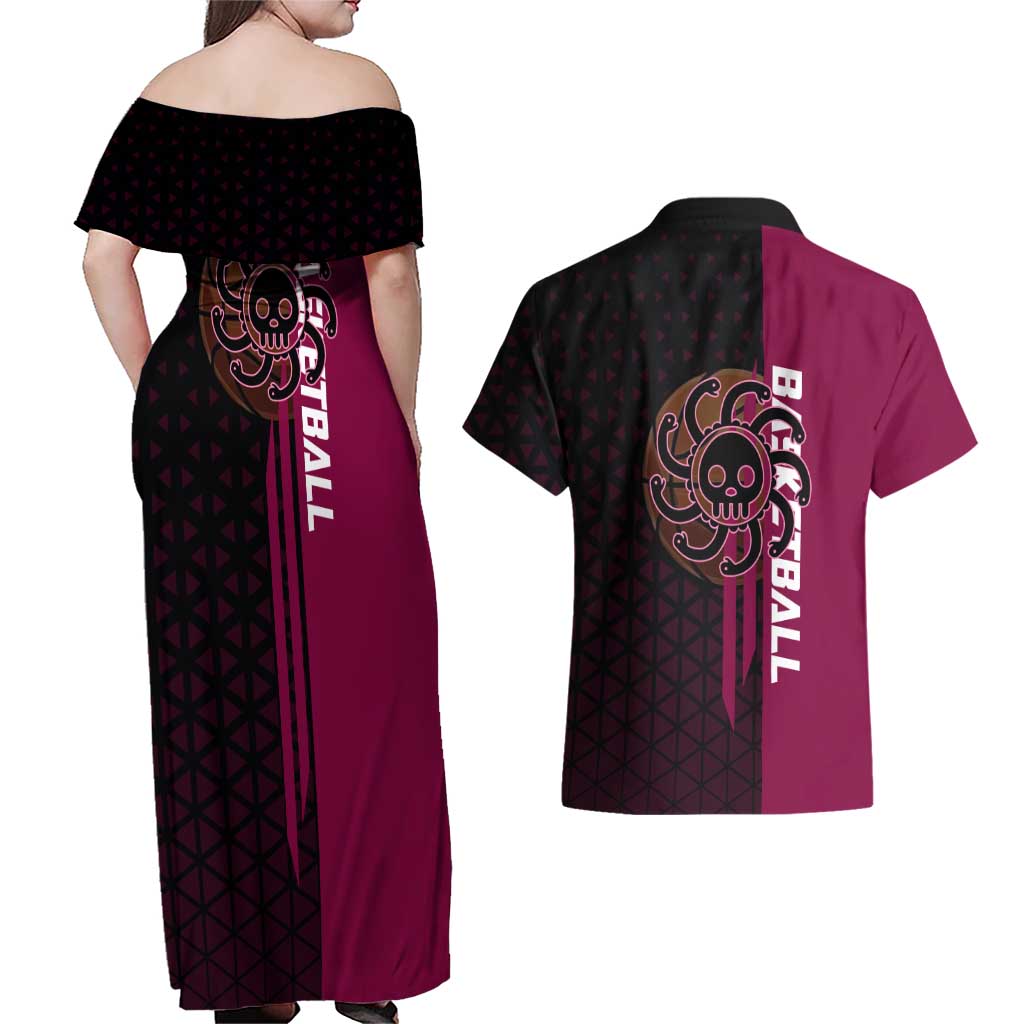 Boa Hancock One Piece Basketball Theme Maroon and Black Design Couples Matching Off Shoulder Maxi Dress and Hawaiian Shirt with Serpent Emblem and Dynamic Pose - The Mazicc