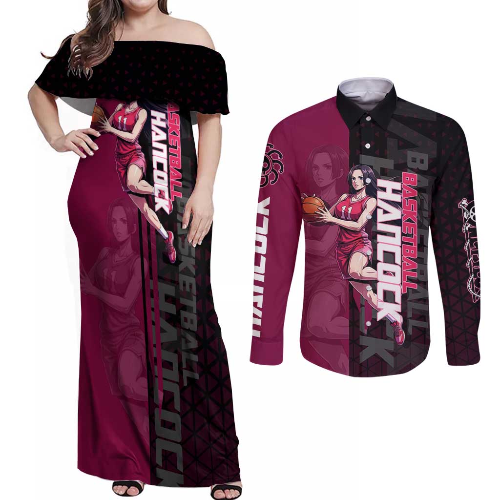 Boa Hancock One Piece Basketball Theme Maroon and Black Design Couples Matching Off Shoulder Maxi Dress and Long Sleeve Button Shirt with Serpent Emblem and Dynamic Pose - The Mazicc