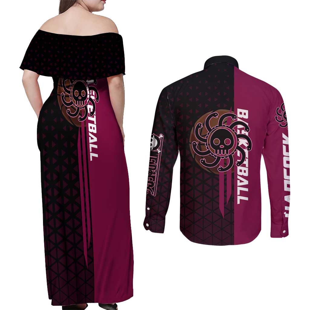 Boa Hancock One Piece Basketball Theme Maroon and Black Design Couples Matching Off Shoulder Maxi Dress and Long Sleeve Button Shirt with Serpent Emblem and Dynamic Pose - The Mazicc