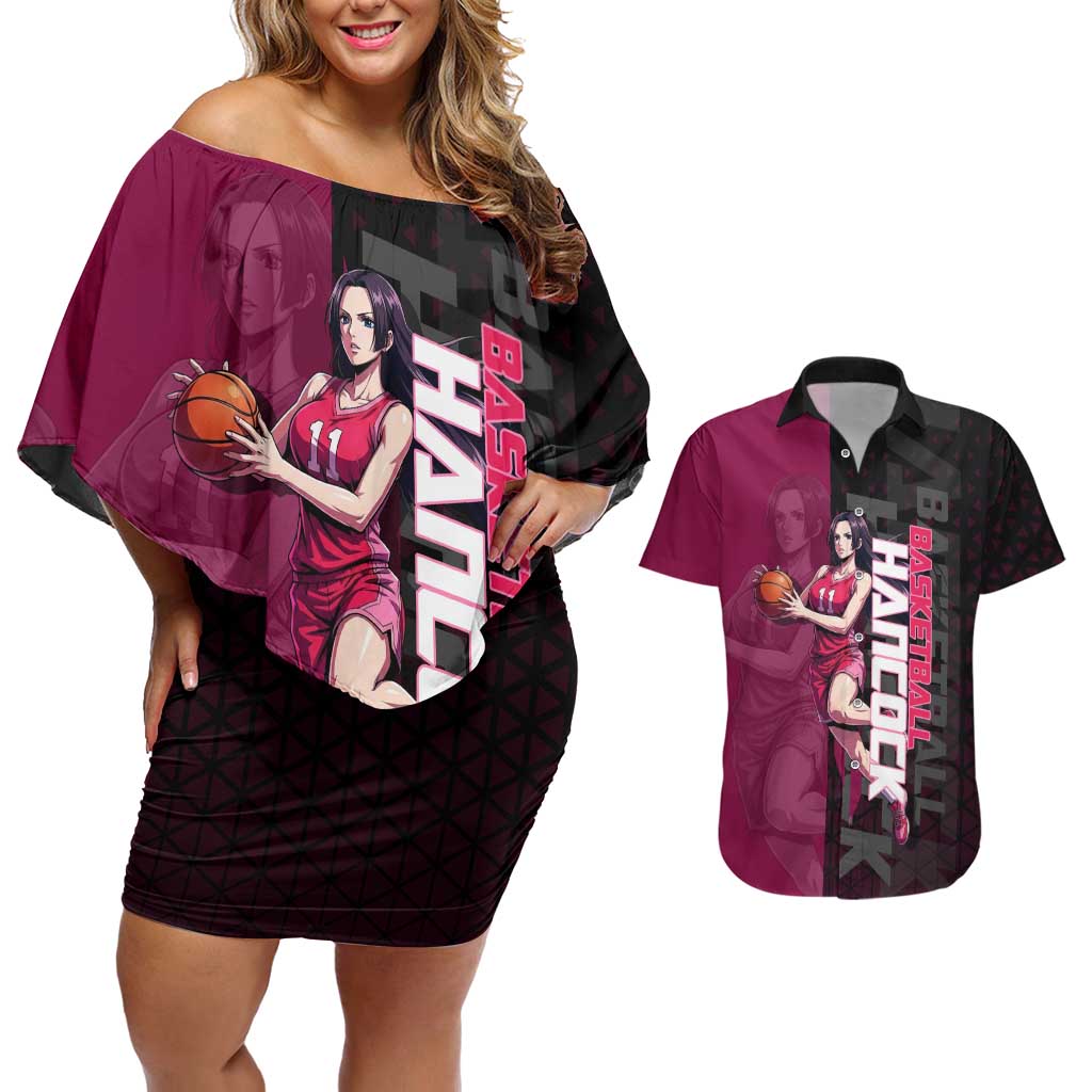 Boa Hancock One Piece Basketball Theme Maroon and Black Design Couples Matching Off Shoulder Short Dress and Hawaiian Shirt with Serpent Emblem and Dynamic Pose - The Mazicc