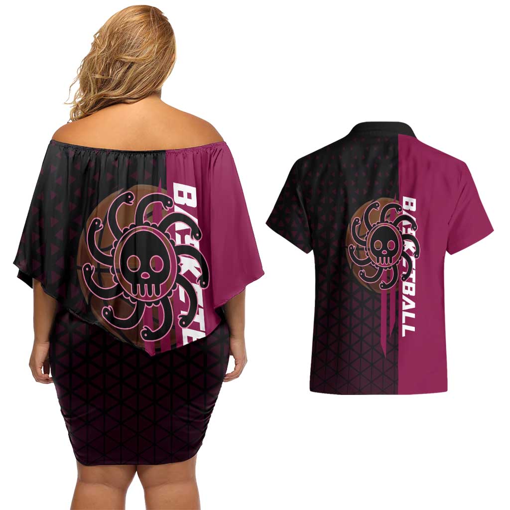 Boa Hancock One Piece Basketball Theme Maroon and Black Design Couples Matching Off Shoulder Short Dress and Hawaiian Shirt with Serpent Emblem and Dynamic Pose - The Mazicc