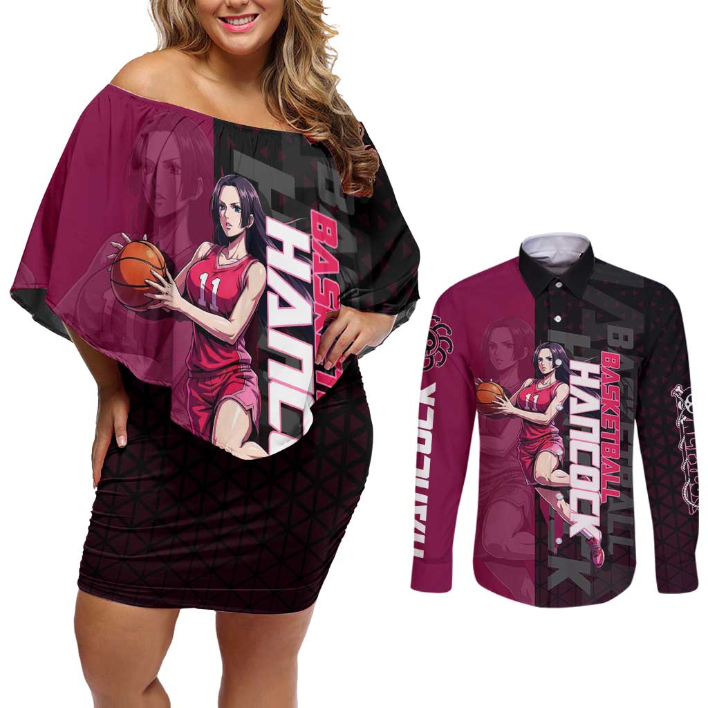 Boa Hancock One Piece Basketball Theme Maroon and Black Design Couples Matching Off Shoulder Short Dress and Long Sleeve Button Shirt with Serpent Emblem and Dynamic Pose - The Mazicc