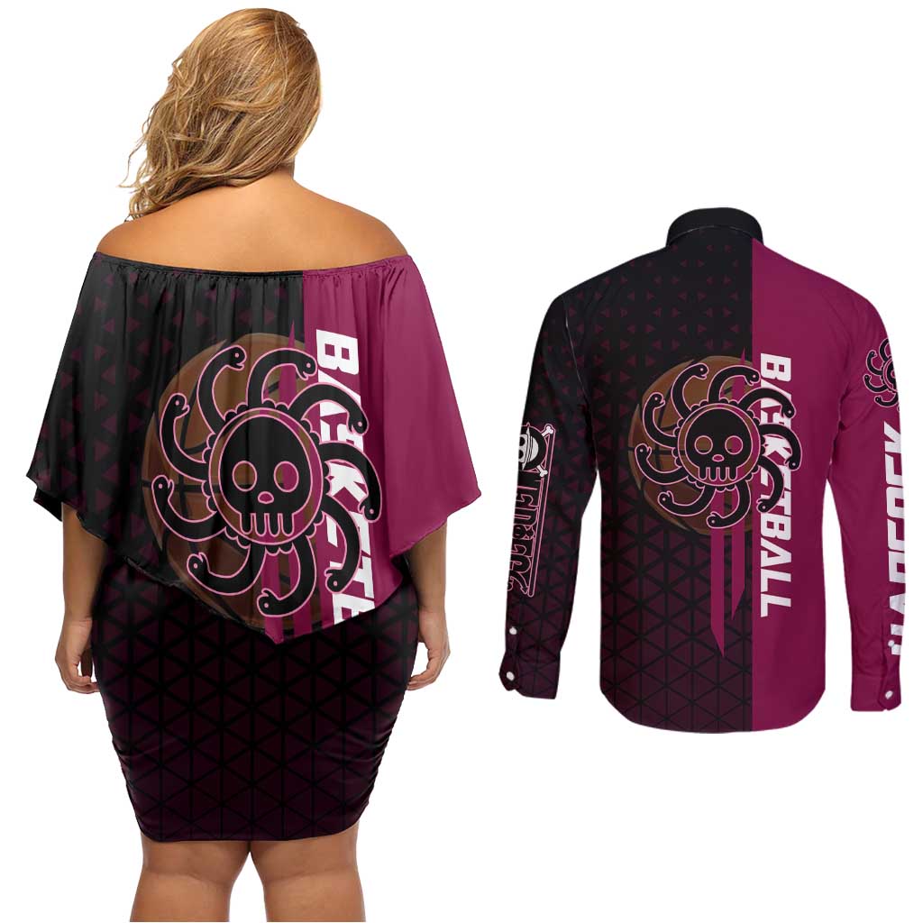 Boa Hancock One Piece Basketball Theme Maroon and Black Design Couples Matching Off Shoulder Short Dress and Long Sleeve Button Shirt with Serpent Emblem and Dynamic Pose - The Mazicc