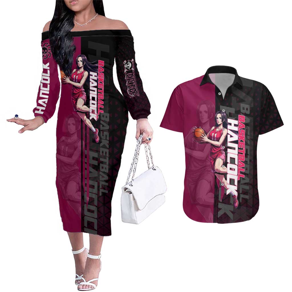 Boa Hancock One Piece Basketball Theme Maroon and Black Design Couples Matching Off The Shoulder Long Sleeve Dress and Hawaiian Shirt with Serpent Emblem and Dynamic Pose - The Mazicc