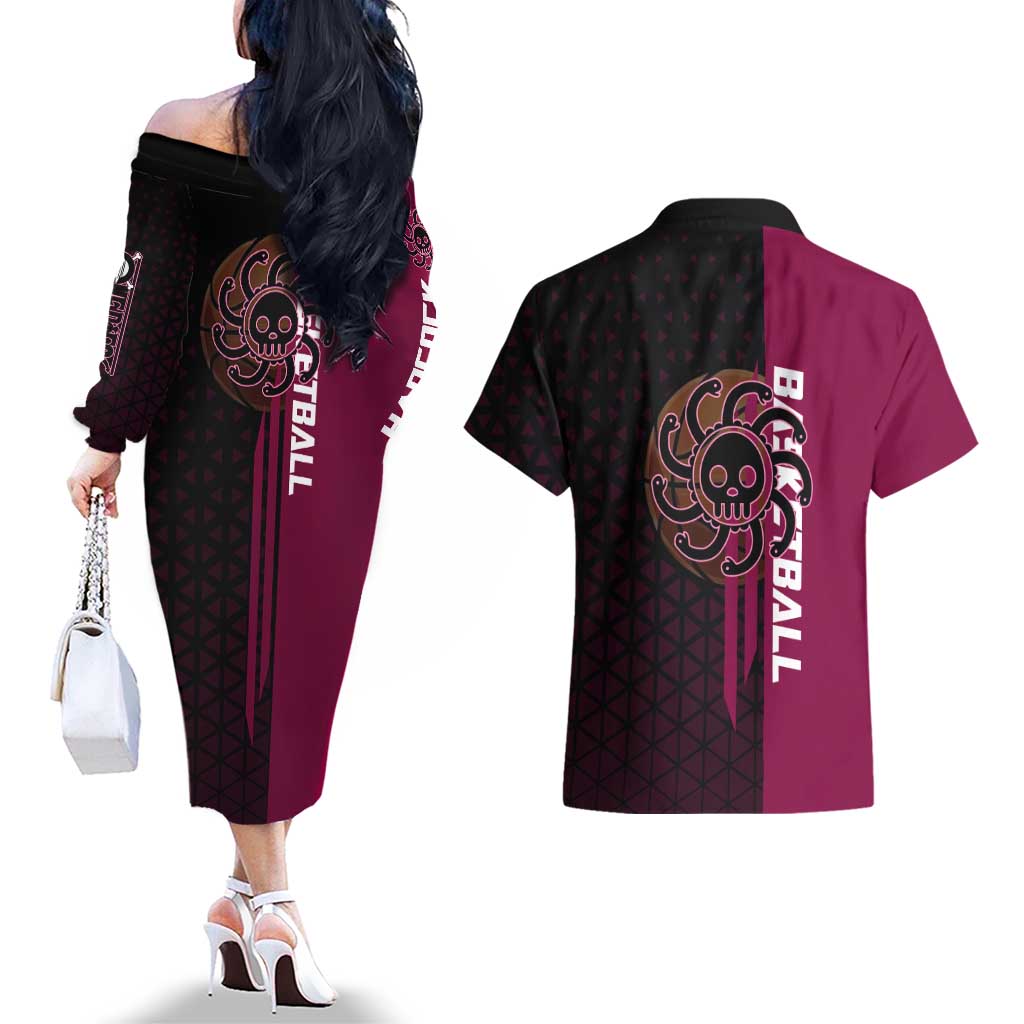 Boa Hancock One Piece Basketball Theme Maroon and Black Design Couples Matching Off The Shoulder Long Sleeve Dress and Hawaiian Shirt with Serpent Emblem and Dynamic Pose - The Mazicc