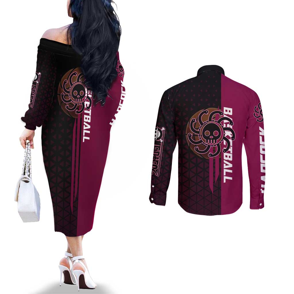 Boa Hancock One Piece Basketball Theme Maroon and Black Design Couples Matching Off The Shoulder Long Sleeve Dress and Long Sleeve Button Shirt with Serpent Emblem and Dynamic Pose - The Mazicc