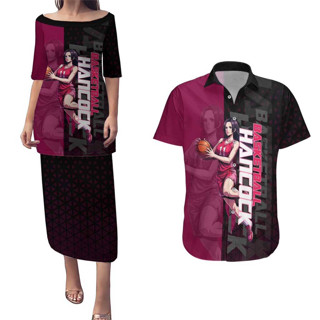 Boa Hancock One Piece Basketball Theme Maroon and Black Design Couples Matching Puletasi and Hawaiian Shirt with Serpent Emblem and Dynamic Pose - The Mazicc