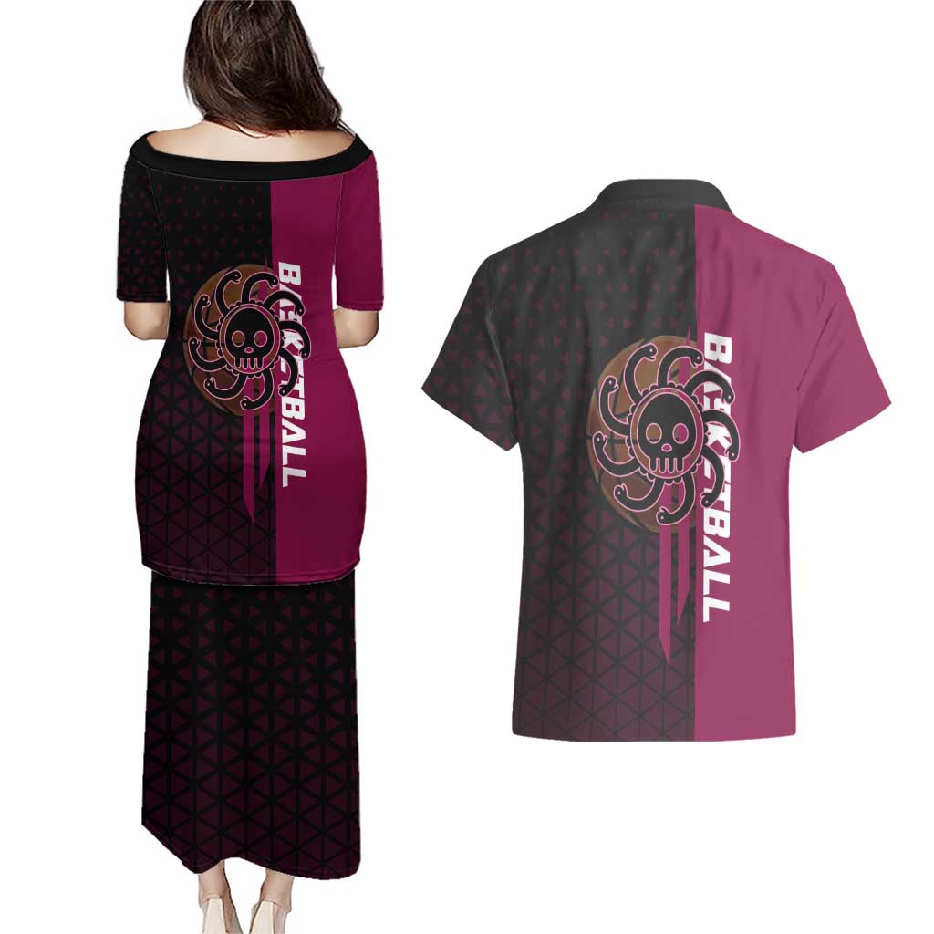 Boa Hancock One Piece Basketball Theme Maroon and Black Design Couples Matching Puletasi and Hawaiian Shirt with Serpent Emblem and Dynamic Pose - The Mazicc