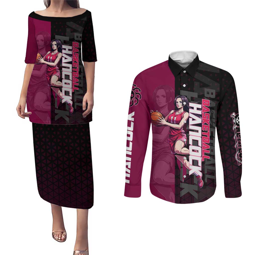 Boa Hancock One Piece Basketball Theme Maroon and Black Design Couples Matching Puletasi and Long Sleeve Button Shirt with Serpent Emblem and Dynamic Pose - The Mazicc