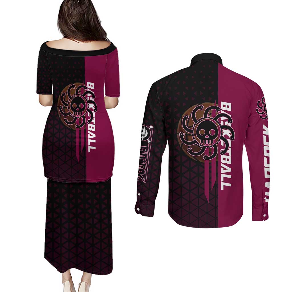Boa Hancock One Piece Basketball Theme Maroon and Black Design Couples Matching Puletasi and Long Sleeve Button Shirt with Serpent Emblem and Dynamic Pose - The Mazicc