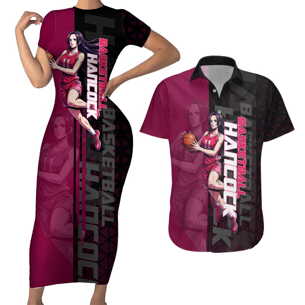 Boa Hancock One Piece Basketball Theme Maroon and Black Design Couples Matching Short Sleeve Bodycon Dress and Hawaiian Shirt with Serpent Emblem and Dynamic Pose - The Mazicc