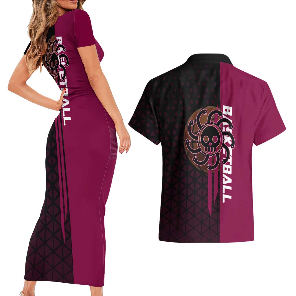 Boa Hancock One Piece Basketball Theme Maroon and Black Design Couples Matching Short Sleeve Bodycon Dress and Hawaiian Shirt with Serpent Emblem and Dynamic Pose - The Mazicc