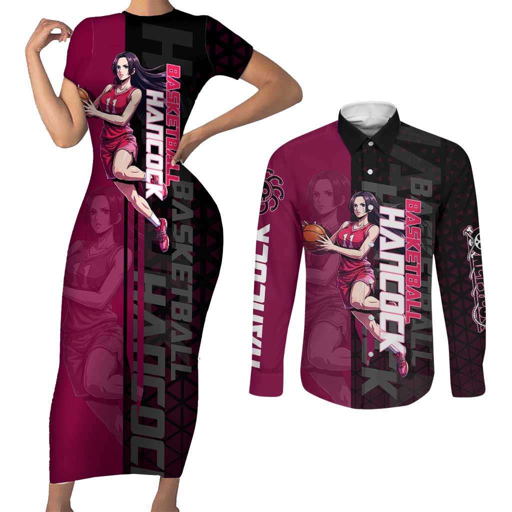 Boa Hancock One Piece Basketball Theme Maroon and Black Design Couples Matching Short Sleeve Bodycon Dress and Long Sleeve Button Shirt with Serpent Emblem and Dynamic Pose - The Mazicc