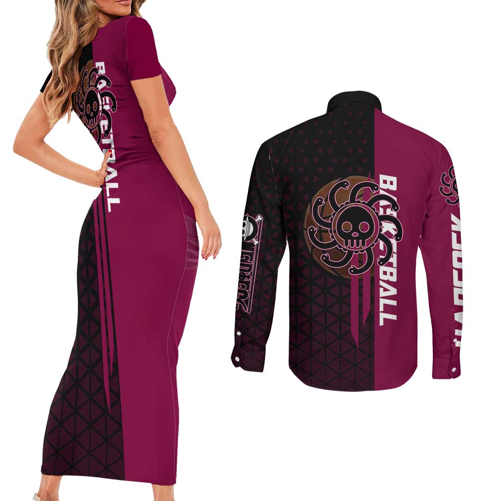 Boa Hancock One Piece Basketball Theme Maroon and Black Design Couples Matching Short Sleeve Bodycon Dress and Long Sleeve Button Shirt with Serpent Emblem and Dynamic Pose - The Mazicc