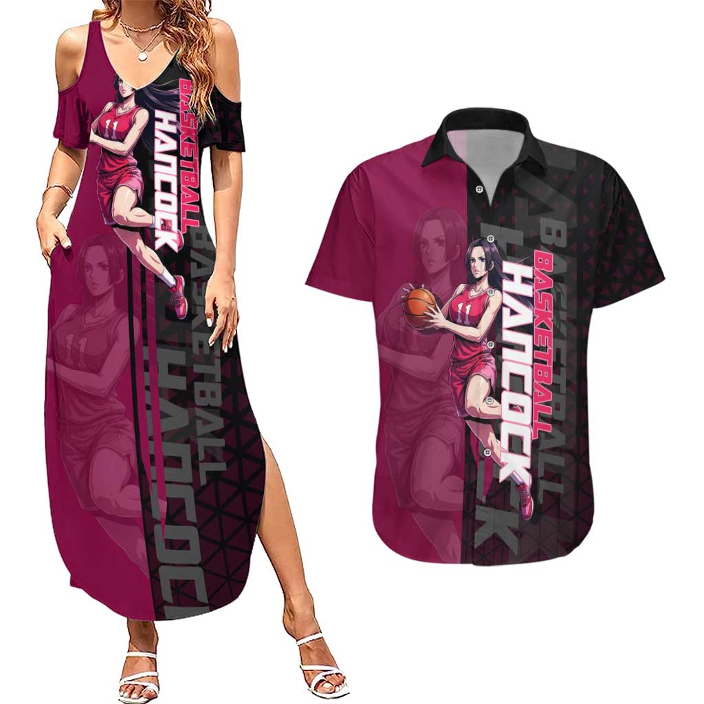 Boa Hancock One Piece Basketball Theme Maroon and Black Design Couples Matching Summer Maxi Dress and Hawaiian Shirt with Serpent Emblem and Dynamic Pose - The Mazicc