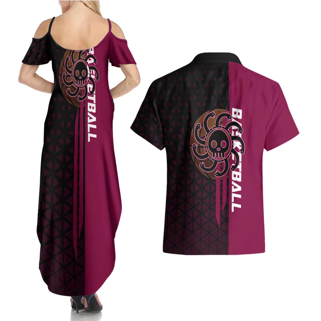 Boa Hancock One Piece Basketball Theme Maroon and Black Design Couples Matching Summer Maxi Dress and Hawaiian Shirt with Serpent Emblem and Dynamic Pose - The Mazicc