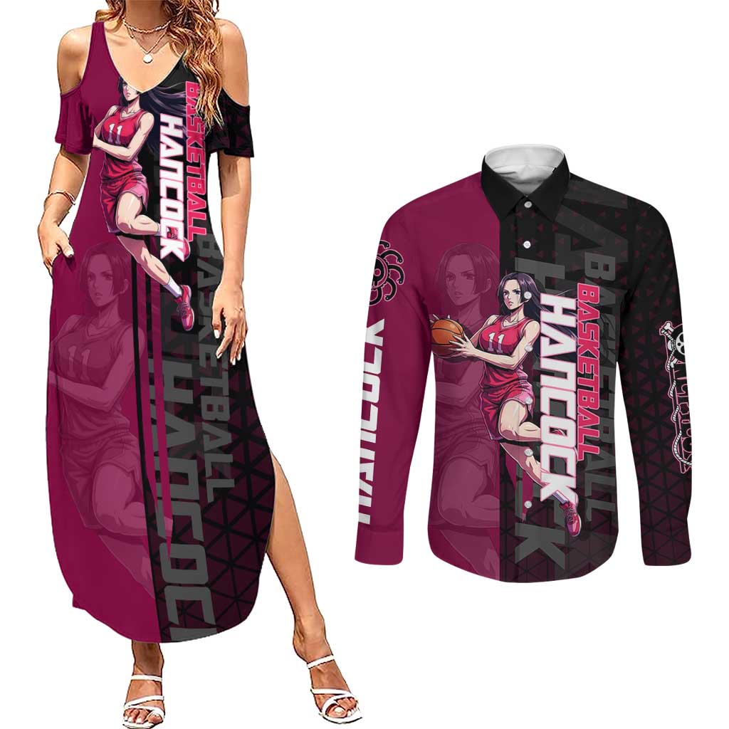 Boa Hancock One Piece Basketball Theme Maroon and Black Design Couples Matching Summer Maxi Dress and Long Sleeve Button Shirt with Serpent Emblem and Dynamic Pose - The Mazicc