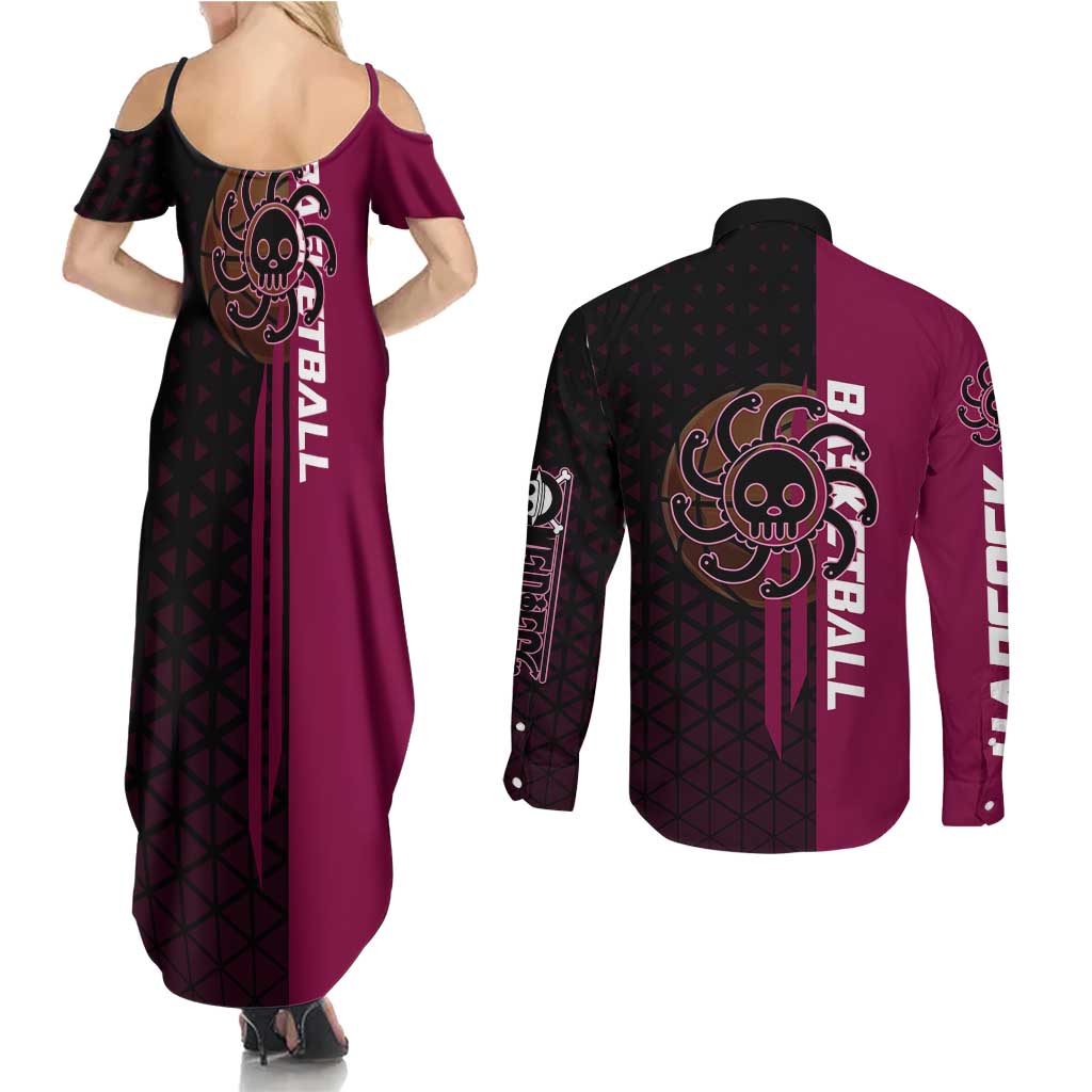 Boa Hancock One Piece Basketball Theme Maroon and Black Design Couples Matching Summer Maxi Dress and Long Sleeve Button Shirt with Serpent Emblem and Dynamic Pose - The Mazicc