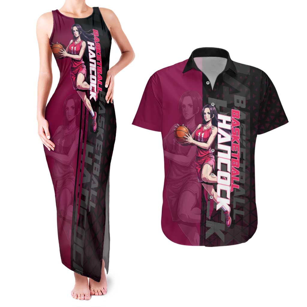 Boa Hancock One Piece Basketball Theme Maroon and Black Design Couples Matching Tank Maxi Dress and Hawaiian Shirt with Serpent Emblem and Dynamic Pose - The Mazicc