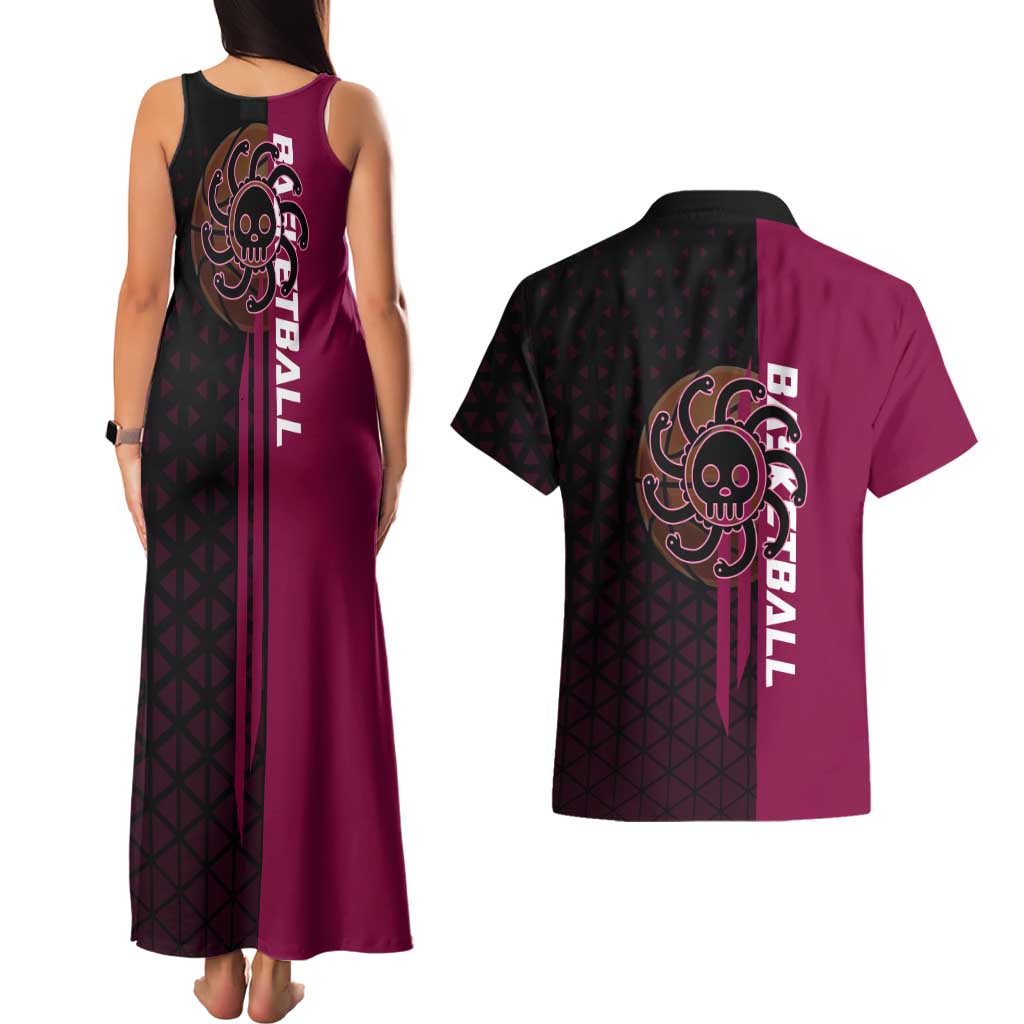 Boa Hancock One Piece Basketball Theme Maroon and Black Design Couples Matching Tank Maxi Dress and Hawaiian Shirt with Serpent Emblem and Dynamic Pose - The Mazicc