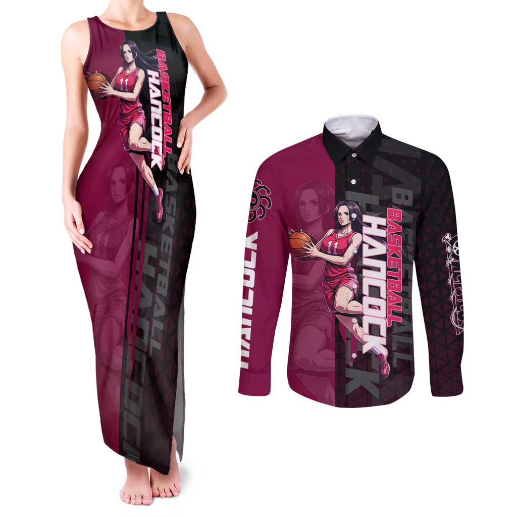 Boa Hancock One Piece Basketball Theme Maroon and Black Design Couples Matching Tank Maxi Dress and Long Sleeve Button Shirt with Serpent Emblem and Dynamic Pose - The Mazicc