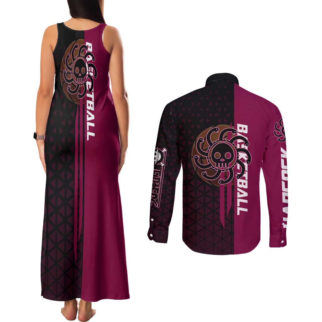 Boa Hancock One Piece Basketball Theme Maroon and Black Design Couples Matching Tank Maxi Dress and Long Sleeve Button Shirt with Serpent Emblem and Dynamic Pose - The Mazicc