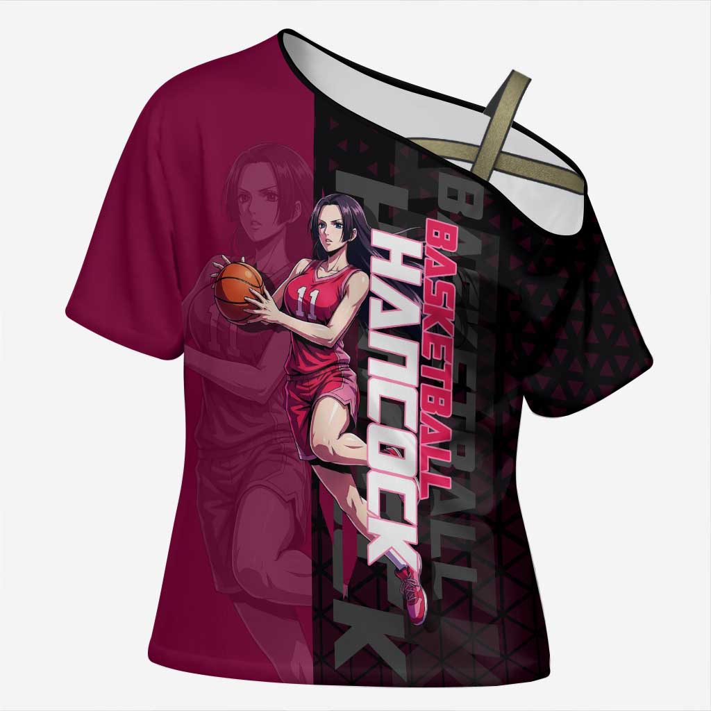 Boa Hancock One Piece Basketball Theme Maroon and Black Design Cross Shoulder Shirt with Serpent Emblem and Dynamic Pose - The Mazicc