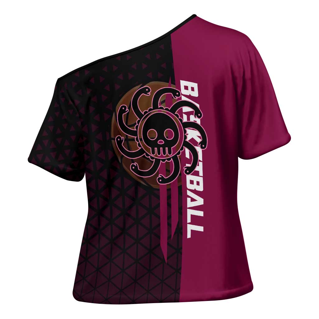 Boa Hancock One Piece Basketball Theme Maroon and Black Design Cross Shoulder Shirt with Serpent Emblem and Dynamic Pose - The Mazicc