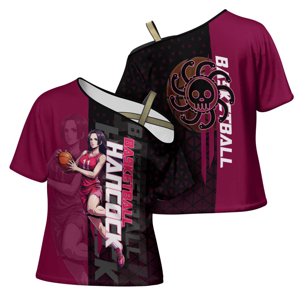 Boa Hancock One Piece Basketball Theme Maroon and Black Design Cross Shoulder Shirt with Serpent Emblem and Dynamic Pose - The Mazicc
