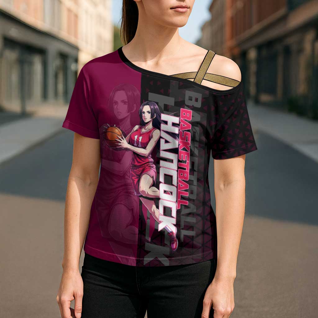 Boa Hancock One Piece Basketball Theme Maroon and Black Design Cross Shoulder Shirt with Serpent Emblem and Dynamic Pose - The Mazicc
