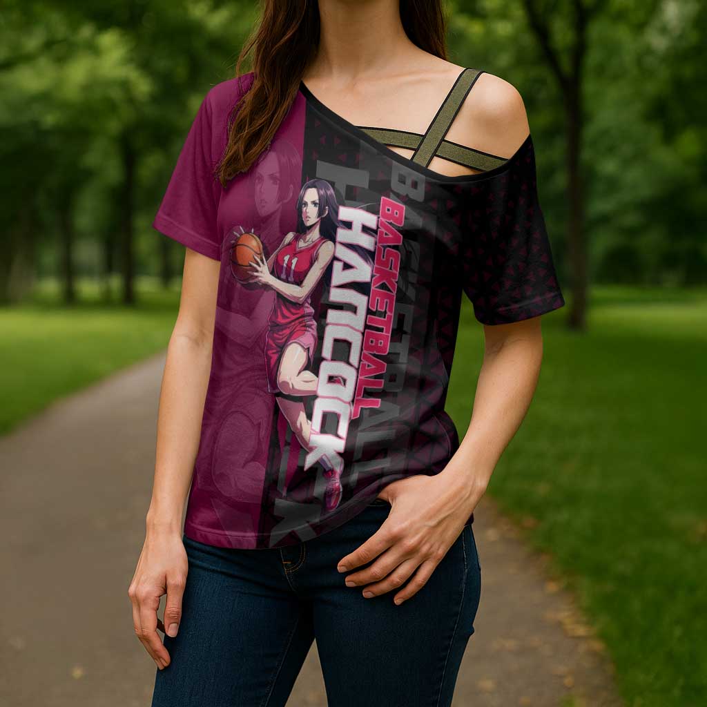 Boa Hancock One Piece Basketball Theme Maroon and Black Design Cross Shoulder Shirt with Serpent Emblem and Dynamic Pose - The Mazicc