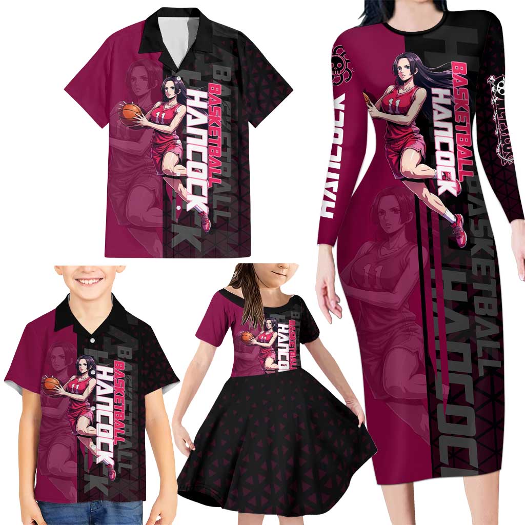 Boa Hancock One Piece Basketball Theme Maroon and Black Design Family Matching Long Sleeve Bodycon Dress and Hawaiian Shirt with Serpent Emblem and Dynamic Pose