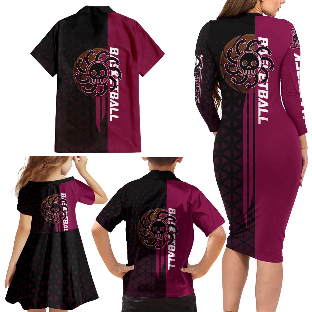 Boa Hancock One Piece Basketball Theme Maroon and Black Design Family Matching Long Sleeve Bodycon Dress and Hawaiian Shirt with Serpent Emblem and Dynamic Pose
