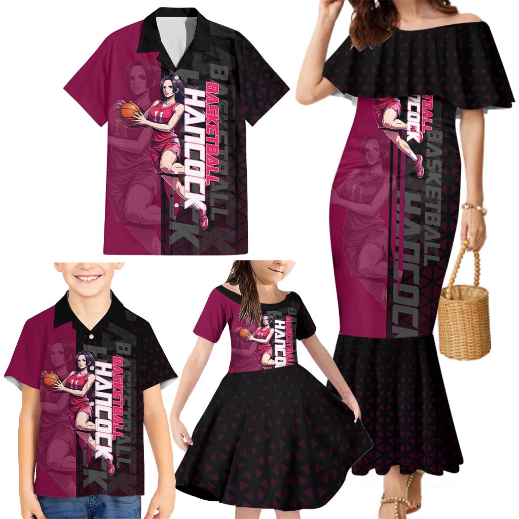 Boa Hancock One Piece Basketball Theme Maroon and Black Design Family Matching Mermaid Dress and Hawaiian Shirt with Serpent Emblem and Dynamic Pose