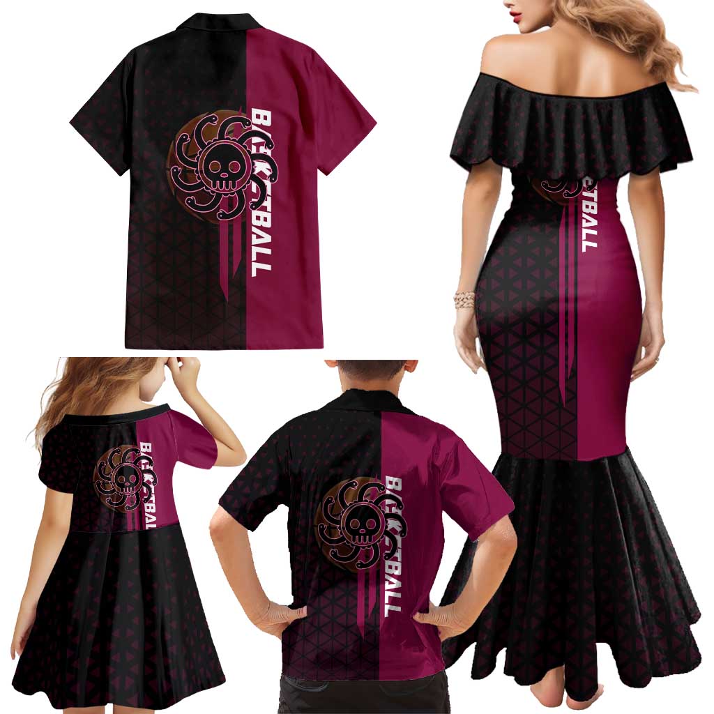 Boa Hancock One Piece Basketball Theme Maroon and Black Design Family Matching Mermaid Dress and Hawaiian Shirt with Serpent Emblem and Dynamic Pose