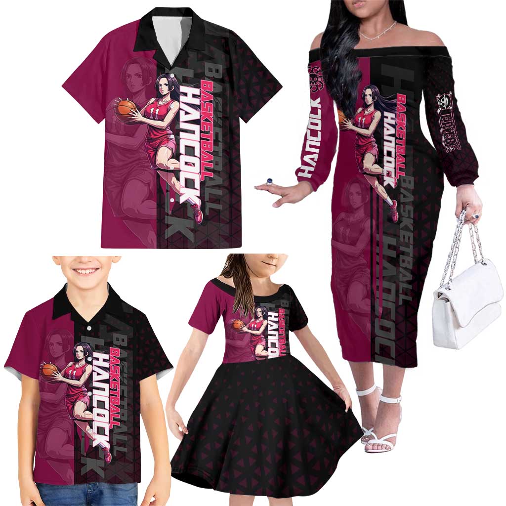 Boa Hancock One Piece Basketball Theme Maroon and Black Design Family Matching Off The Shoulder Long Sleeve Dress and Hawaiian Shirt with Serpent Emblem and Dynamic Pose