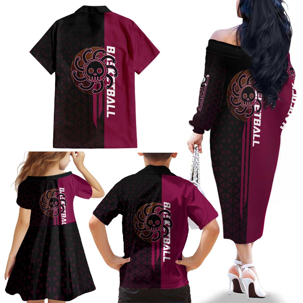 Boa Hancock One Piece Basketball Theme Maroon and Black Design Family Matching Off The Shoulder Long Sleeve Dress and Hawaiian Shirt with Serpent Emblem and Dynamic Pose