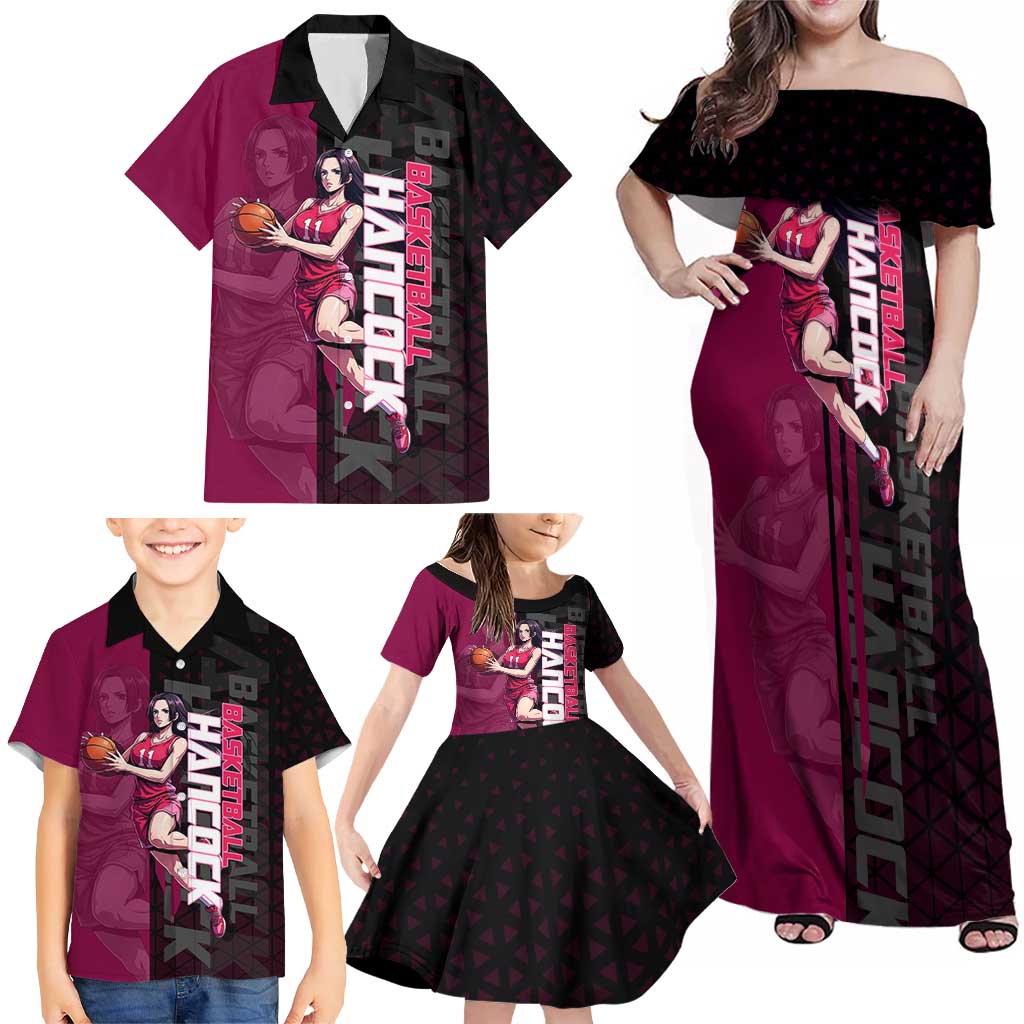 Boa Hancock One Piece Basketball Theme Maroon and Black Design Family Matching Off Shoulder Maxi Dress and Hawaiian Shirt with Serpent Emblem and Dynamic Pose
