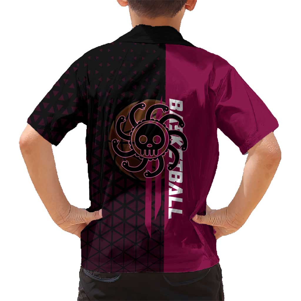 Boa Hancock One Piece Basketball Theme Maroon and Black Design Family Matching Off Shoulder Maxi Dress and Hawaiian Shirt with Serpent Emblem and Dynamic Pose
