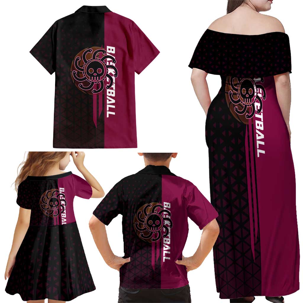 Boa Hancock One Piece Basketball Theme Maroon and Black Design Family Matching Off Shoulder Maxi Dress and Hawaiian Shirt with Serpent Emblem and Dynamic Pose