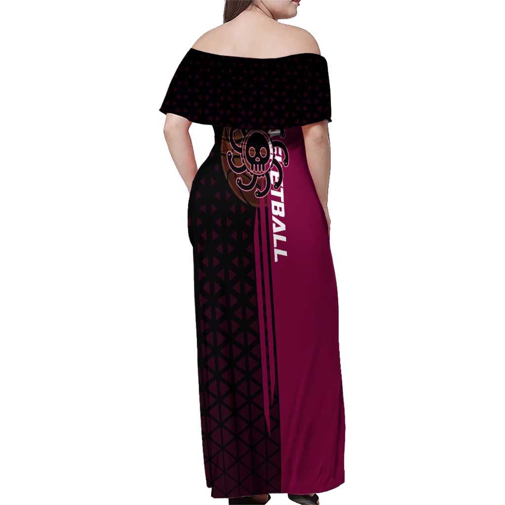 Boa Hancock One Piece Basketball Theme Maroon and Black Design Family Matching Off Shoulder Maxi Dress and Hawaiian Shirt with Serpent Emblem and Dynamic Pose
